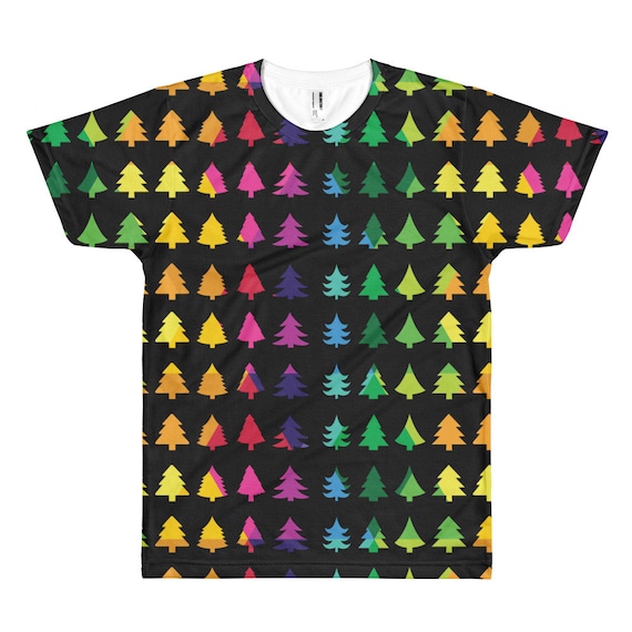 Christmas Tree Tshirt Short sleeve T-shirt Merry Christmas Tee Xmas Fun Gift Happy Holidays Shirt Rainbow Christmas Black Background