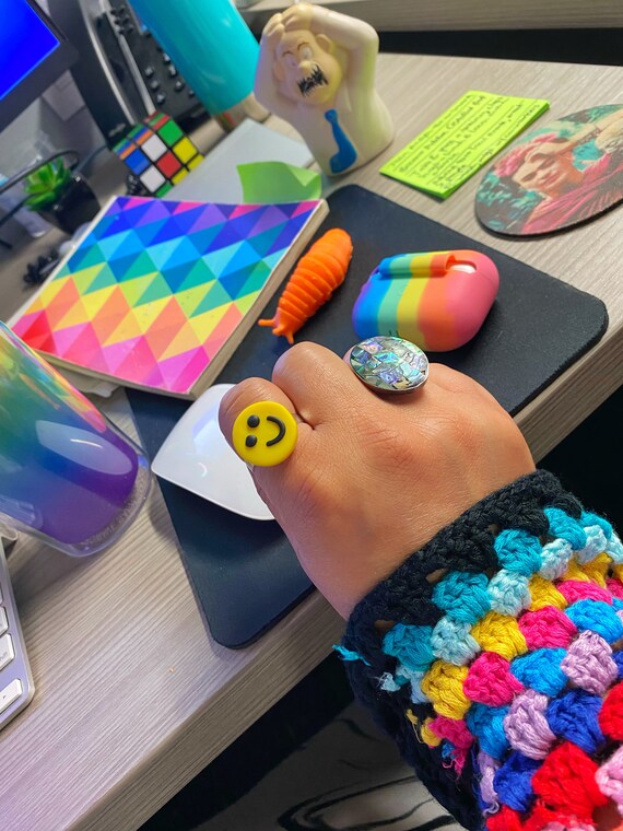 Smiley Face Ring - Adjustable to Any Size - Stainless Steel - Fun Happy Accessory - Emoji Happy Face