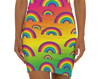 Raining Rainbows Women's Mid-Waist Pencil Skirt (AOP)