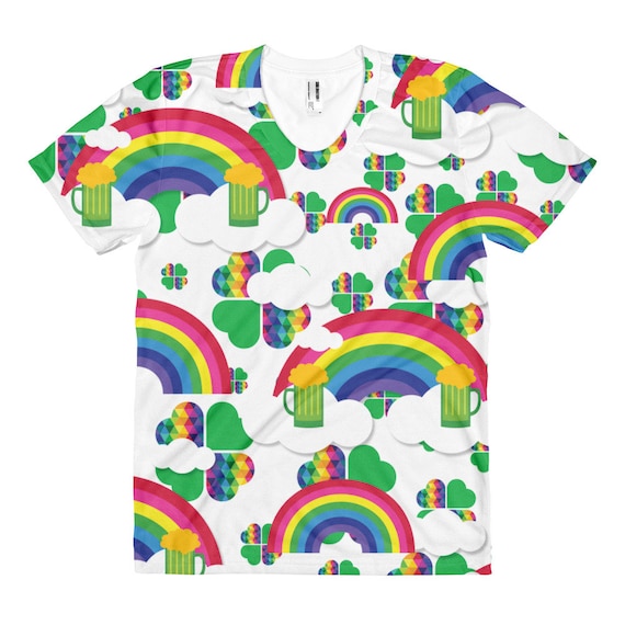 Colorful St. Patrick's Day All Over Women's t-shirt with Rainbows Clouds and Beer Gifts