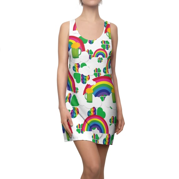 St. Patrick's Day Women's Racerback Dress, Rainbows, Beer and Clovers Printed Tank Dress St. Paddy's Day Cute Summer Outfit - Order By Mar 3