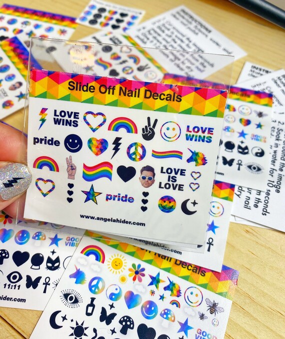 Rainbow Slide Off Nail Decals with Love Wins, Love is Love Pride, Smiley Faces, Unicorn, Peace, Hearts and More...