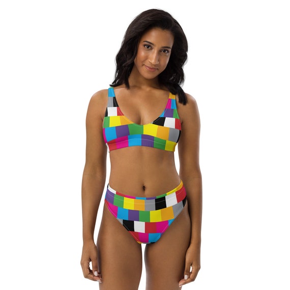 Recycled high-waisted bikini - Pixelated Block Collection - Fun Fashion for Everyone - Beautiful Babes Beach Wear - Pool side Vibes