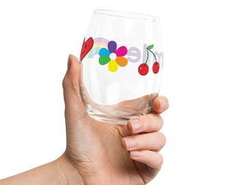 Smile Stemless Wine Glass | Retro Rainbow Wine Glass | Colorful Happy Drinkware | Cute Cherry Wine Glass | Feel Good Gift | Hider House