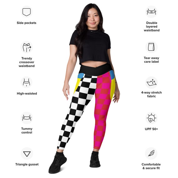 Checkered Crossover leggings with pockets - Black and White - Red and Pink