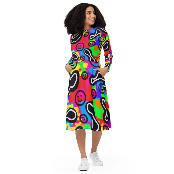 Smiley Face Rainbow Happy to Be Me Long Sleeve Midi Dress