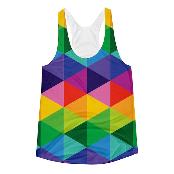 Women's Racerback Tank with Colorful Geometric Shapes Rainbow Galaxy with Triangles