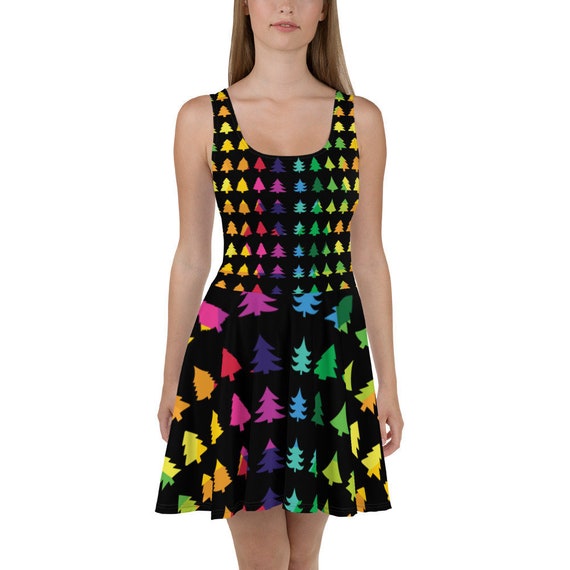 Ladies Christmas Tree Dress Holiday Outfit Women's Skater Dress Soft Comfortable Rainbow Dress Black Present