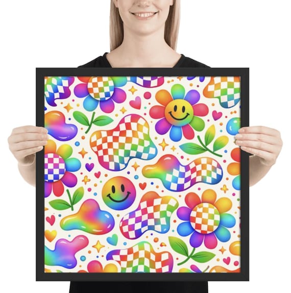 Rainbow Groovy Checkerboard Floral Seamless Pattern, Retro Flower Digital Download, Colorful Printable Wall Art, Psychedelic Dopamine Design