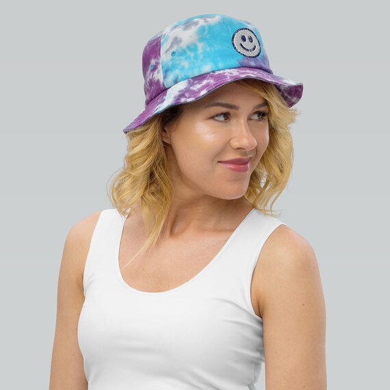 Smiley Face Tie-dye bucket hat - Purple Blue Gray