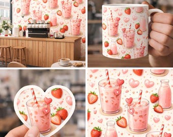 Strawberry Milk Latte Seamless Pattern | Pink Café Wall Art | Coffee Shop Decor | Printable Poster | Digital Download