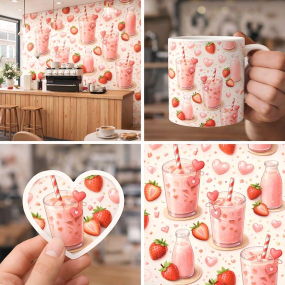 Strawberry Milk Latte Seamless Pattern | Pink Café Wall Art | Coffee Shop Decor | Printable Poster | Digital Download