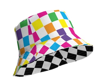 Multi-colored Checkered Reversible bucket hat
