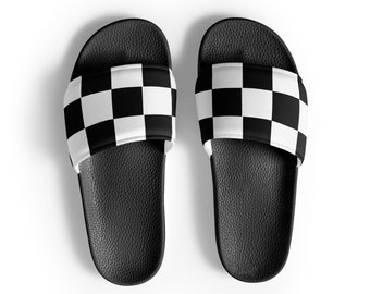 Black and White Checkered Slides | Women’s Checkerboard Sandals | Cute Slip-On Pool Shoes | Retro Beach and Summer Footwear