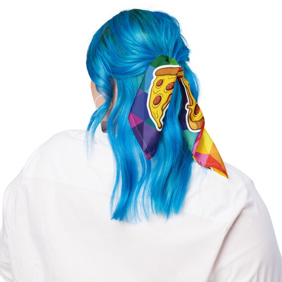 All-over print bandana with pizza slices and rainbow colors