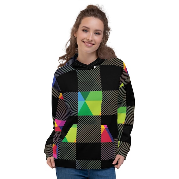 Rainbow Plaid Unisex Hoodie - Rainbow Sweatshirt - Multi Colored Hooded Pullover