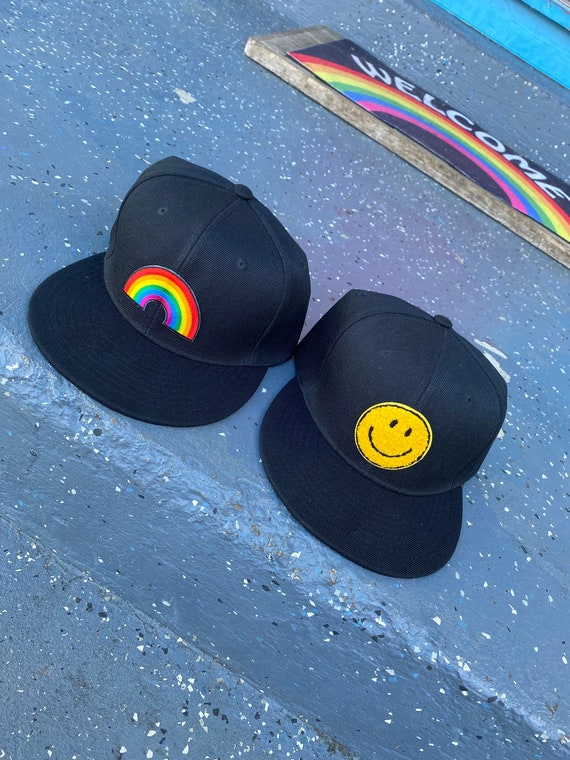 Smiley Face Snapback Cap - Yellow Chenille Happy Face Patch - Adjustable Gift for Anyone Men Women Rainbow Hat