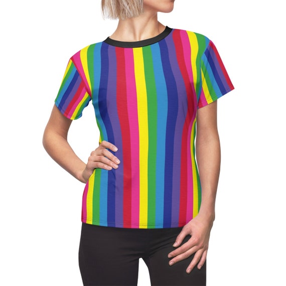 Rainbow Striped Women's Tee with Black Collar