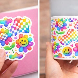 May include: A sticker and a mug with a colorful, whimsical design. The sticker features smiling flowers, a checkered cloud, and hearts. The mug has the same pattern, with a white handle and background. The design includes rainbow colors.