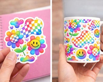 Rainbow Groovy Checkerboard Floral Seamless Pattern, Retro Flower Digital Download, Colorful Printable Wall Art, Psychedelic Dopamine Design