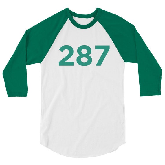 Number 287 - Winner -Green and White Tshirt - 3/4 sleeve raglan shirt