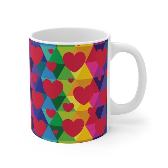 Colorful Hearts White Ceramic Mug Rainbow Love Gift