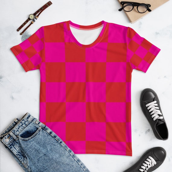 Red and Pink Checkered Women's T-shirt