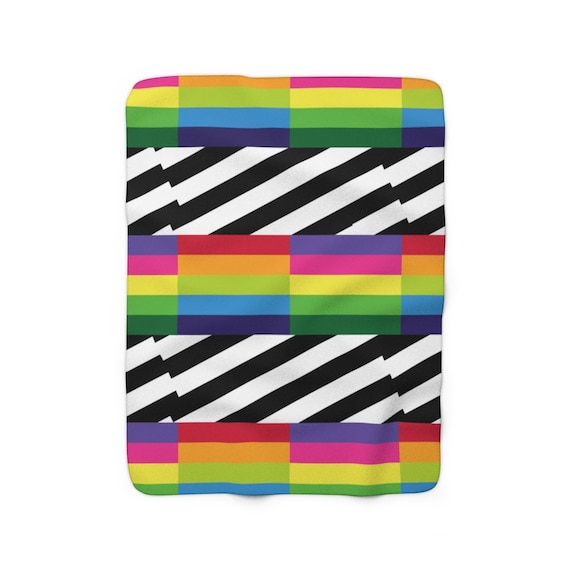 Rainbow Striped Sherpa Fleece Blanket With Black and White Stripes