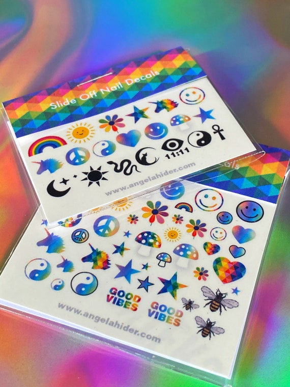 Rainbow Slide On Nail Decals with Smiley Faces, Sun, Moon, Mushrooms, Flowers, Texas, Cat, Unicorn, Love is Love and More...