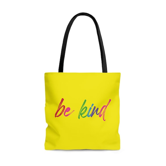 Be Kind Tote Bag with Rainbow Striped Back Side