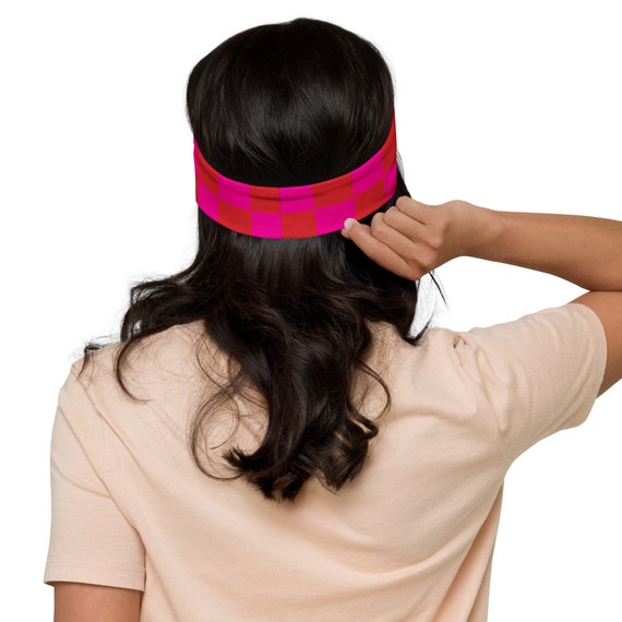 Red and Pink Checkered Headband - Pink Squares - Sweat and Keep Cool