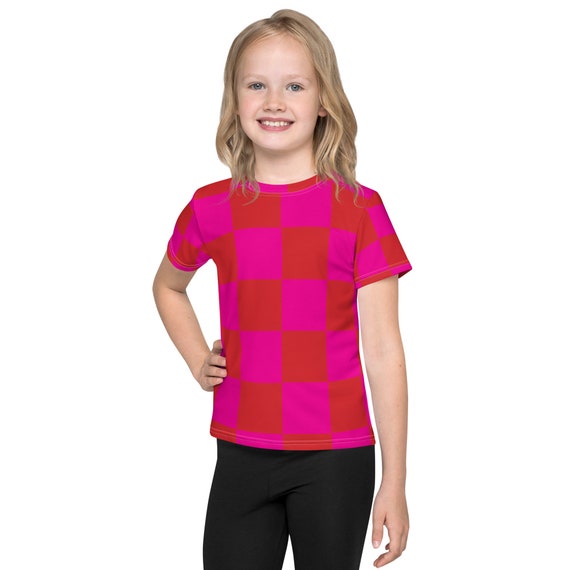 Red and Pink Checkered Kids crew neck t-shirt