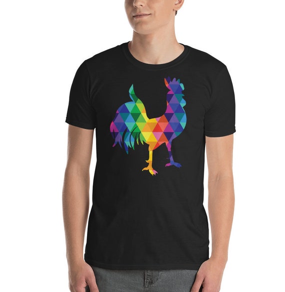 Soft T-shirt with a Colorful Geometric Rooster for a Man or Woman Who Love Roosters and Rainbows