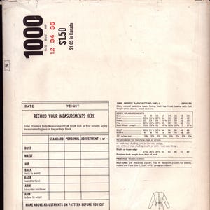 May include: A white paper Vogue Pattern 1000 envelope featuring black text and a technical drawing of a basic fitting shell. The envelope includes a measurement chart, fabric requirements, and a section to record personal body measurements.