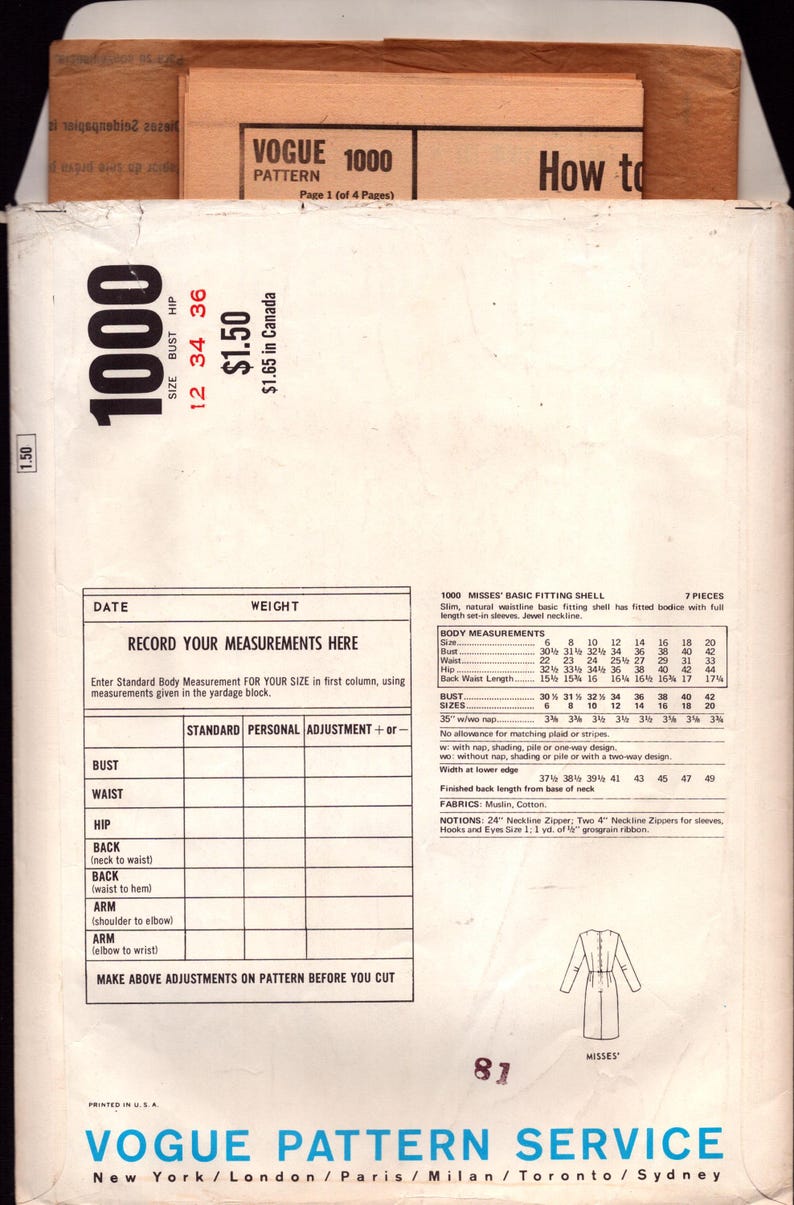 May include: A white paper Vogue Pattern 1000 envelope featuring black text and a technical drawing of a basic fitting shell. The envelope includes a measurement chart, fabric requirements, and a section to record personal body measurements.