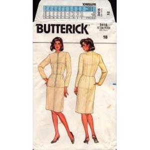 May include: A Butterick 3415 sewing pattern envelope featuring a front and back illustration of a long-sleeved, knee-length dress with a high neckline and a fitted bodice. The pattern is labeled size 18 and includes a printed size chart at the top.