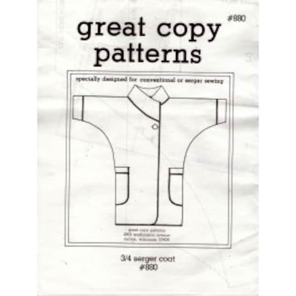 1990 Misses 3/4 Serger Coat Convertible Collar  Ribbed or Turn Back Cuffs UC FF Size xs,s,m,l,xl - Great Copy Patterns Sewing Pattern 880