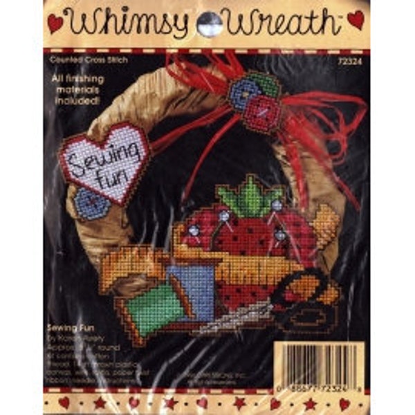 1996 Whimsy Wreath Sewing Fun NIP DIY Vintage Counted Cross Stitch Kit by Designer Karen Avery 5-1/2" round - Dimensions Kit 72324