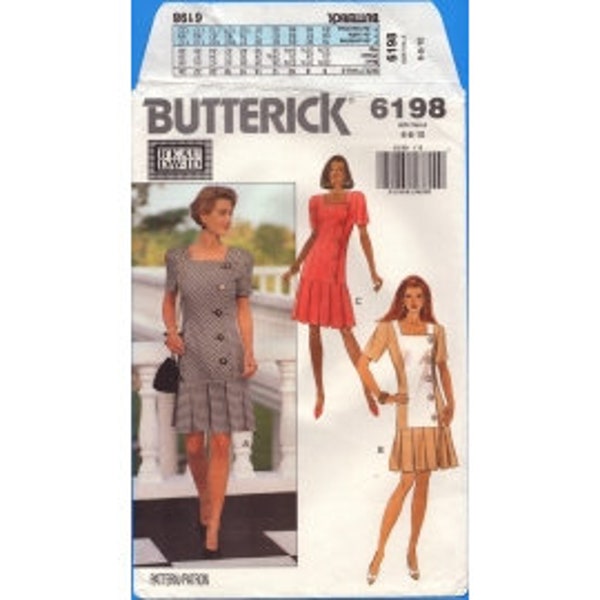 1992 Misses Side Front Button Dress  Pleated Flounce Knee Length by Designer Beau David UC FF Size 6,8,10 - Butterick Sewing Pattern 6198