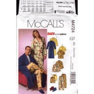 May include: Sewing pattern for a robe and pajamas. The pattern includes a blue robe, a green and yellow patterned robe, a green and yellow patterned shirt, a green and yellow patterned pajama top, and a green and yellow patterned pajama bottom. The pattern is for sizes XS to XL.