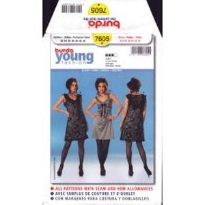 May include: Burda Young Fashion sewing pattern number 7605. The pattern includes instructions for making a sleeveless dress with a V-neckline and a bow detail at the waist. The dress is shown in a black and white floral print.