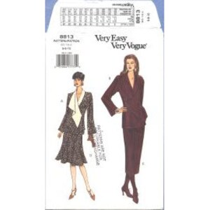 May include: A sewing pattern for a skirt and jacket suit. The pattern is for sizes 8-18. The jacket has a collar and long sleeves. The skirt is knee-length and has a flared hem. The pattern is from Very Easy Very Vogue.