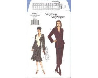 1993 Misses Two Piece Dress Suit Front Drape Wrap Top Jacket Straight or Flared Skirt UC FF Size 6,8,10 - Vogue Sewing Pattern 8813