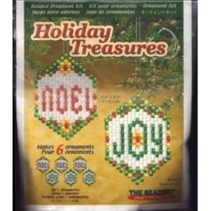 May include: A Holiday Treasures beaded ornament kit. The kit includes materials to make six ornaments. The package features two completed ornaments, one with "NOEL" and the other with "JOY" in a beaded design. The ornaments are surrounded by a green and red beaded border.