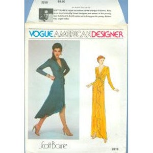 May include: Vogue American Designer sewing pattern for a long-sleeved wrap dress with a V-neckline. The pattern is by Scott Barrie and features two models wearing the dress in different colors: teal and yellow.