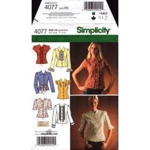 May include: Simplicity sewing pattern number 4077 for a women's blouse with a ruffled collar and short sleeves. The pattern includes five different views, each with a different fabric and style. The pattern is shown on a white background.
