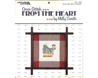 1984 Blue Hen with Chicks Pillow NIP DIY Counted Cross Stitch Needlework Kit Fits 12" to 13" Frame - Leisure Arts From the Heart Kit 718