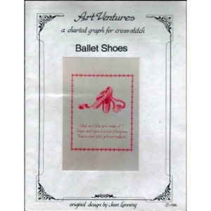 May include: A cross stitch pattern for ballet shoes. The pattern includes a pair of pink ballet shoes with ribbons and the text "There are no words to describe the joy of dancing. Ballet lets you make it."