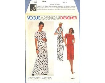 1980 Misses 2 Piece Dress Back Button Top Slim Skirt  Designer Oscar de la Renta UC FF Size 8 - Vogue American Designer Sewing Pattern 2425