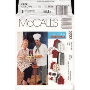 1999 Kitchen Uniform Essentials Chefs Jacket Shirt Apron Pull On Pants Neckerchief  Hat Uncut Size Large 42 44 - McCalls Sewing Pattern 2233